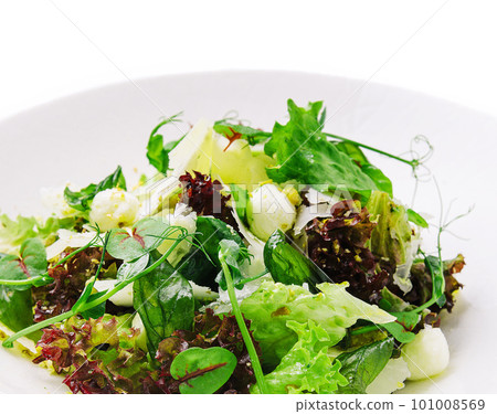Healthy mozzarella salad on white plate 101008569