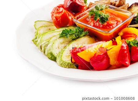 Grilled colorful vegetables on white plate 101008608