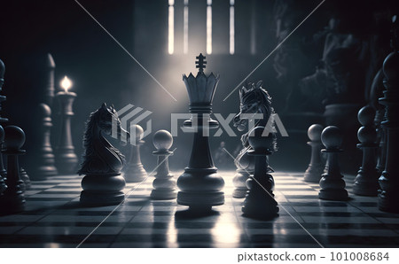 Set of chess pieces element stating on chessboard, queen rook. Cinematic lighting. Leadership, teamwork, partnership, business strategy, and decision concept. 3D rendering. 101008684