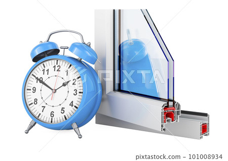 Plastic window profile with alarm clock, 3D rendering 101008934