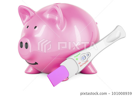 Pregnancy test positive with piggy bank, 3D rendering Pregnancy test positive with piggy bank, 3D rendering 101008939