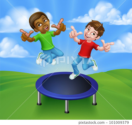 Kids Jumping On A Round Cartoon Trampoline 101009379