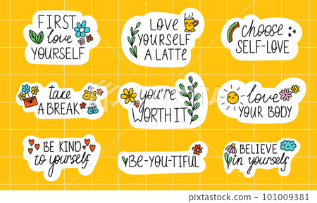Set of Love Yourself Stickers. Love Yourself Phrases. Quotes Self-care. Health Mental Concept. Elements for print, postcard and poster. Vector illustration Set of Love Yourself Stickers. Love Yourself Phrases. Quotes Self-care. Health Mental Concept. Elements for print, postcard and poster. Vector illustration 101009381