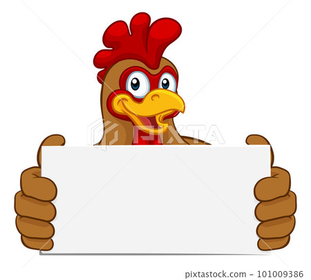 Chicken Rooster Cockerel Holding Sign Cartoon 101009386