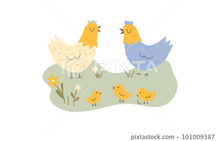 Chickens with chicks on the lawn. Cute chickens with their baby. Flat cartoon vector illustration. 101009387