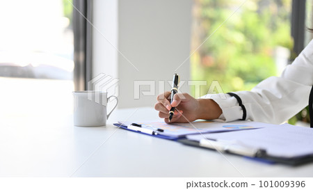 Close-up image of a businesswoman writing or signing her signature on a business document 101009396