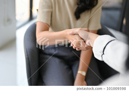 Close-up image of two businesspeople shaking hands after the meeting. Close-up image of two businesspeople shaking hands after the meeting. 101009398
