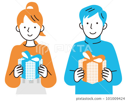 A young woman and a man holding a present with both hands Front A young woman and a man holding a present with both hands Front 101009424