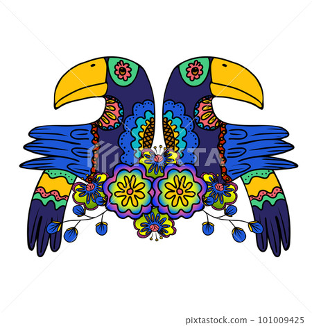 Tropical bird toucan. Vector hand drawn doodle illustration in mexican style. Tropical bird toucan. Vector hand drawn doodle illustration in mexican style. 101009425
