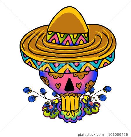 Skull painted with flowers in a sombrero. Vector hand drawn doodle illustration in mexican style. 101009426