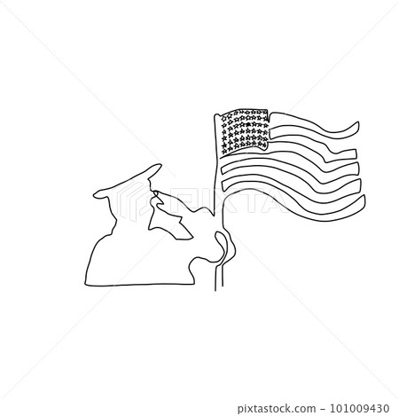 One line Happy Veterans Day minimalist continuous lineart vector illustration. American's soldiers saluting silhouettes, American flag. One line Happy Veterans Day minimalist continuous lineart vector illustration. American's soldiers saluting silhouettes, American flag. 101009430
