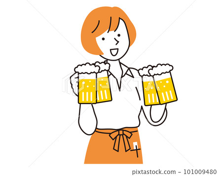 圍裙女工作人員微笑著拿著啤酒杯 101009480