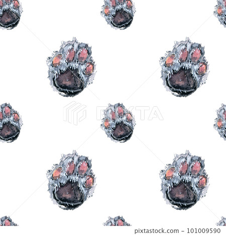 Cute cats paws seamless pattern. Watercolor painting on white background Cute cats paws seamless pattern. Watercolor painting on white background 101009590
