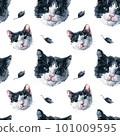 Bicolor black and white cat faces and toy mouse seamless pattern. Watercolor painting on white background 101009595