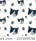 Bicolor black and white cat faces and paws seamless pattern. Watercolor painting on white background 101009596