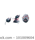 Mini set with toy mouses and cat paw. Watercolor painting isolated on white background 101009604