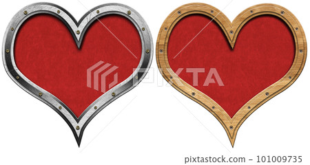 Hearts with Metal and Wooden Frame Isolated on White Background 101009735