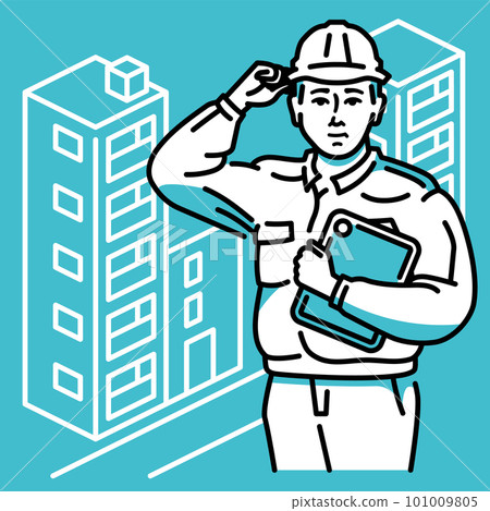 帶平板電腦終端和建築的男工 帶平板電腦終端和建築的男工 101009805