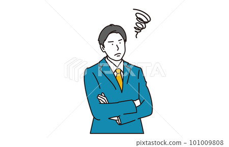 A young man in a suit who is in trouble with his arms folded A young man in a suit who is in trouble with his arms folded 101009808