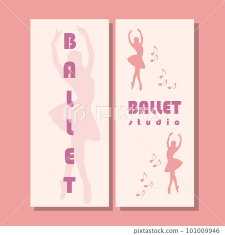 Theatre ticket design. Ballet school flyer template. Ballerina silhouette in the tutu and pointe shoe with butterfly. Brown and purple card design. Vector illustration Theatre ticket design. Ballet school flyer template. Ballerina silhouette in the tutu and pointe shoe with butterfly. Brown and purple card design. Vector illustration 101009946