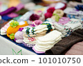 Colorful warm knitted socks sold on Easter market in Vilnius. 101010750