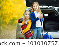 Two adorable girls with a suitcase going on vacations with their parents. Two kids looking forward for a road trip or travel. Autumn break at school. 101010757