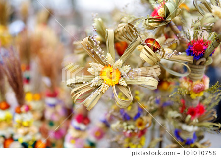 Traditional Lithuanian Easter palms known as verbos sold on Easter market in Vilnius 101010758