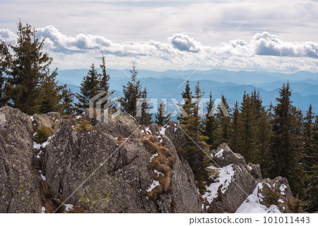 View of the ski resort in the Rhodope Mountains of Pamporovo from Mount Murgavets in Bulgaria 101011443