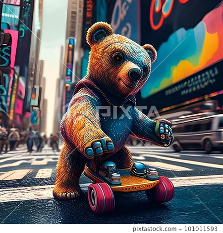 Teddy bear rides a skateboard in Times Square, New York City. 101011593