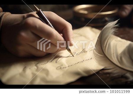 Poet writes concept. Vintage parchment on wooden table. Generate Ai 101011599