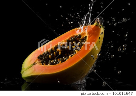 Papaya on black background. Fruit with water drops. Generate Ai 101011647