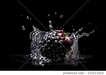 Blackberry on black background. Fruit with water drops. Generate Ai 101011918
