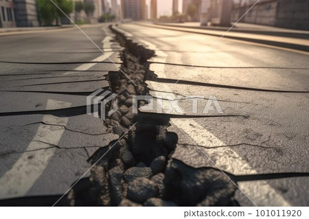 Long crack in the ground. Earthquake damage destruction. Generate Ai 101011920