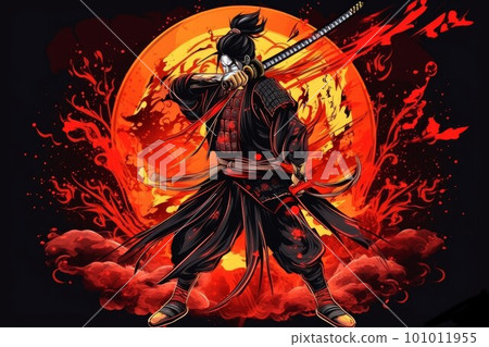 Samurai warrior with katana. Sun fire background. Generate Ai Samurai warrior with katana. Sun fire background. Generate Ai 101011955
