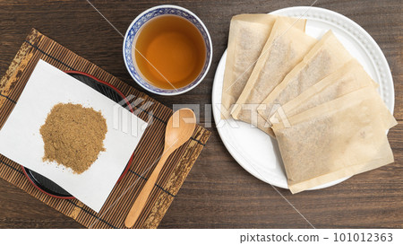 Japanese-style dashi soup pack, contents and soup stock image 101012363