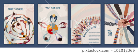 Volunteer people concept brochure leaflet poster editable template. Raised arms and hands up multicultural people. People diversity in a circle with hands on top of each other top view Volunteer people concept brochure leaflet poster editable template. Raised arms and hands up multicultural people. People diversity in a circle with hands on top of each other top view 101012369