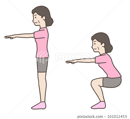 Illustration of a middle-aged woman who trains her legs with a squat, an aunt 101012453