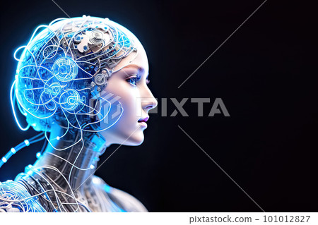 Illustration of head robot woman with electronic system isolated on black background. Generative AI 101012827