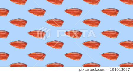 Seamless pattern of trout fillets isolated on a blue background. 101013037