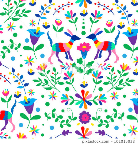 Mexican otomi embrodery seamless pattern. Colorful Mexican Traditional Textile Embroidery Style. Folk otomi style graphic, wallpaper. Festive mexican floral motif. 101013038