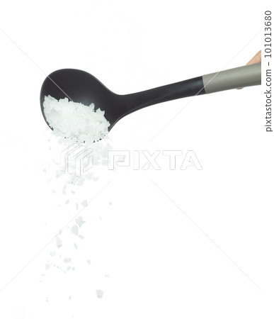 Salt rock flower pour fall in ladle, white Salt rock flower cook abstract cloud fly. Big size ground salt splash in air, food object element design. White background isolated high speed freeze motion 101013680
