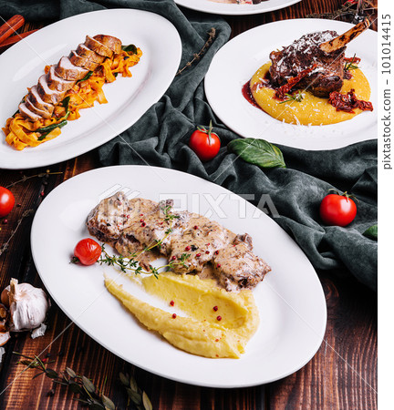 different gourmet dishes for dinner top view different gourmet dishes for dinner top view 101014415