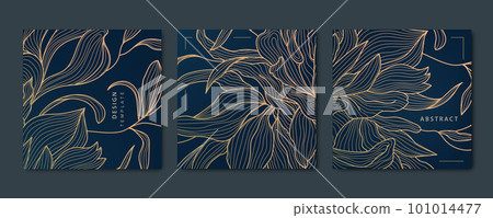 Vector set of abstract luxury golden square cards, post templates for social net, leaves botanical modern, art deco background. Pattern, texture for print, invitation, package design 101014477