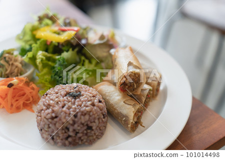 Brown rice and spring roll lunch plate 101014498