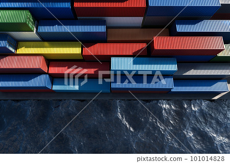 Lots of long cargo containers stacked at the terminal/port for import export business. Logistics, unloading, loading, storage, cargo sorting Lots of long cargo containers stacked at the terminal/port for import export business. Logistics, unloading, loading, storage, cargo sorting 101014828