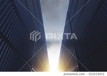 Lots of long cargo containers stacked at the terminal/port for import export business. Logistics, unloading, loading, storage, cargo sorting Lots of long cargo containers stacked at the terminal/port for import export business. Logistics, unloading, loading, storage, cargo sorting 101014832