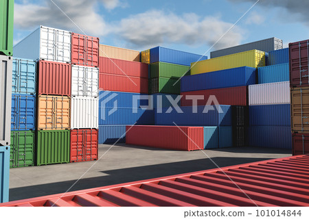 Lots of long cargo containers stacked at the terminal/port for import export business. Logistics, unloading, loading, storage, cargo sorting Lots of long cargo containers stacked at the terminal/port for import export business. Logistics, unloading, loading, storage, cargo sorting 101014844