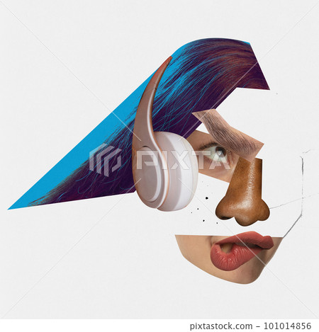Combination of different human face parts of diverse age, race and agender. Puzzled face and creative vision. Contemporary art collage. Conceptual abstract design. Combination of different human face parts of diverse age, race and agender. Puzzled face and creative vision. Contemporary art collage. Conceptual abstract design. 101014856
