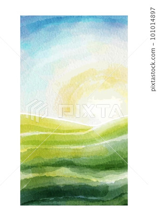 Watercolor landscape, green fields and rising sun 101014897