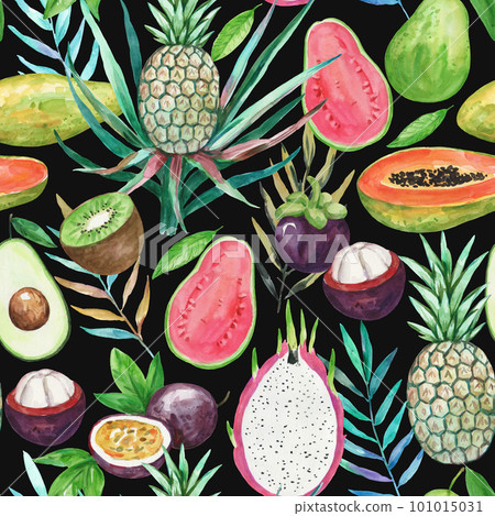 Bright colorful seamless pattern with watercolor tropical fruits. Hand drawn illustration for textile print, design and wallpaper. Bright colorful seamless pattern with watercolor tropical fruits. Hand drawn illustration for textile print, design and wallpaper. 101015031